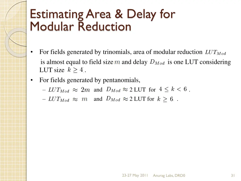 estimating area delay for modular reduction