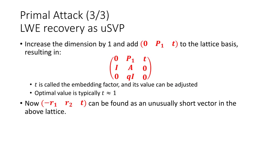 primal attack 3 3 lwe recovery as usvp