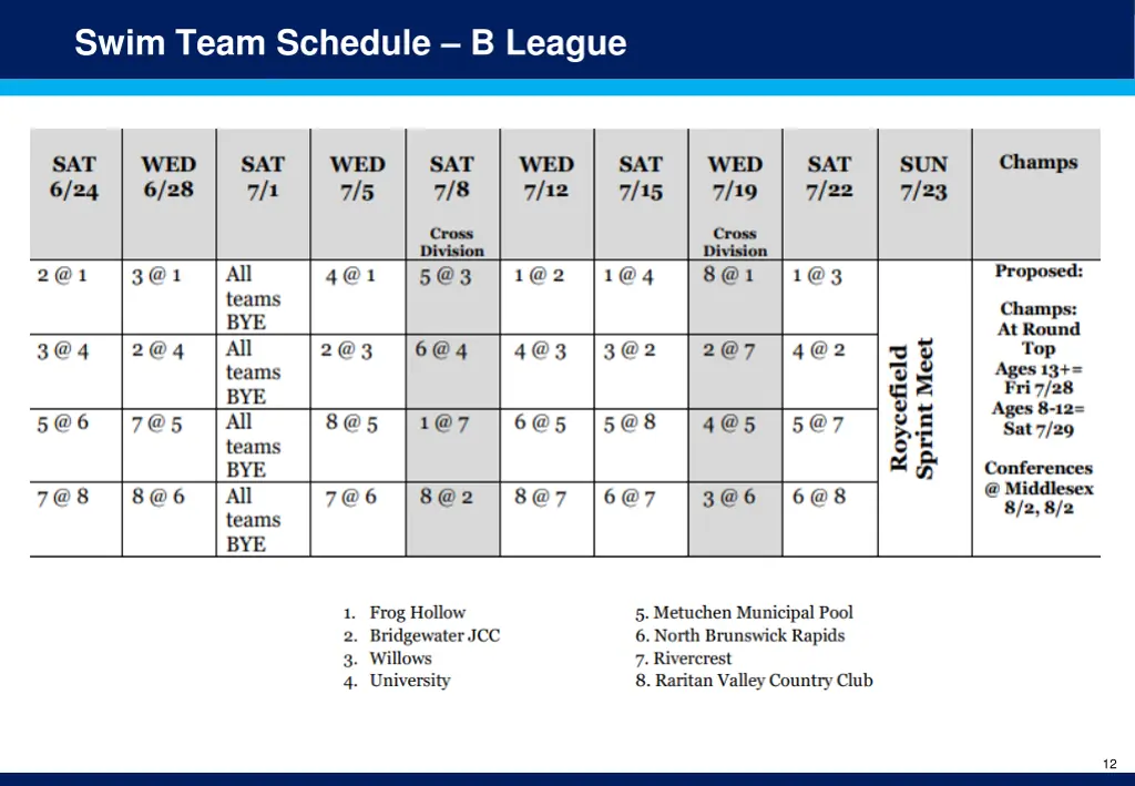 swim team schedule b league