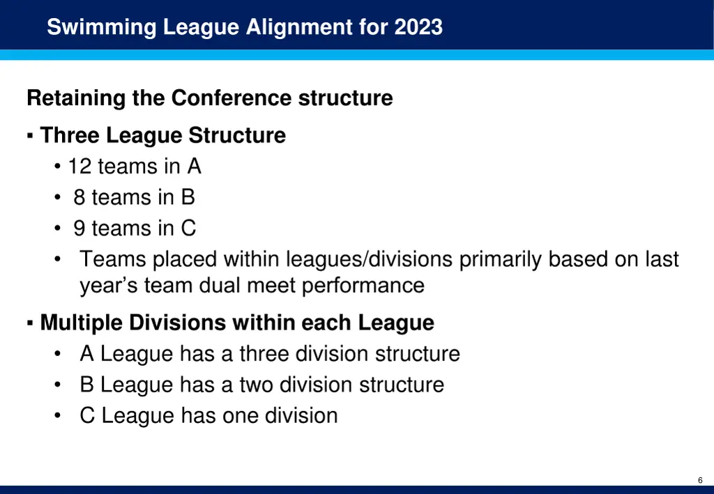 swimming league alignment for 2023
