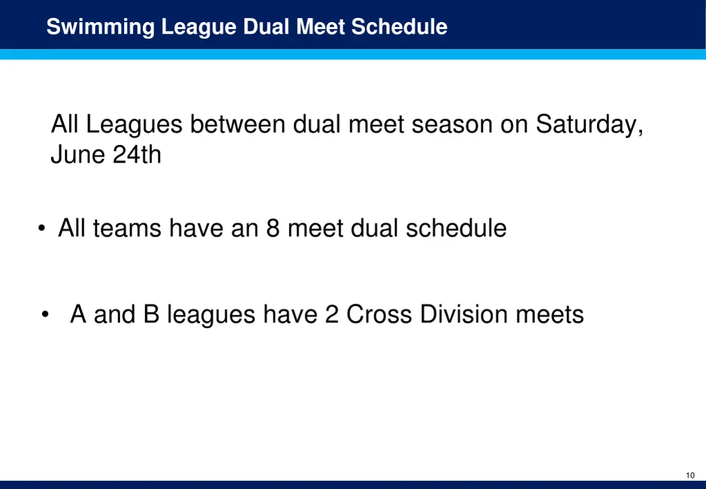 swimming league dual meet schedule