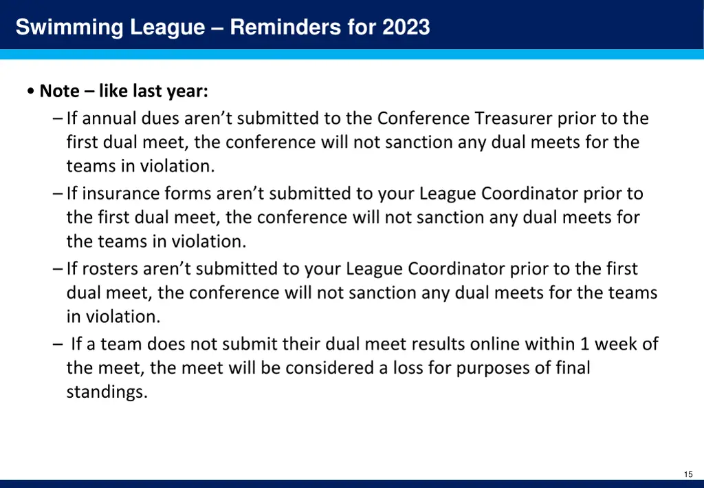 swimming league reminders for 2023