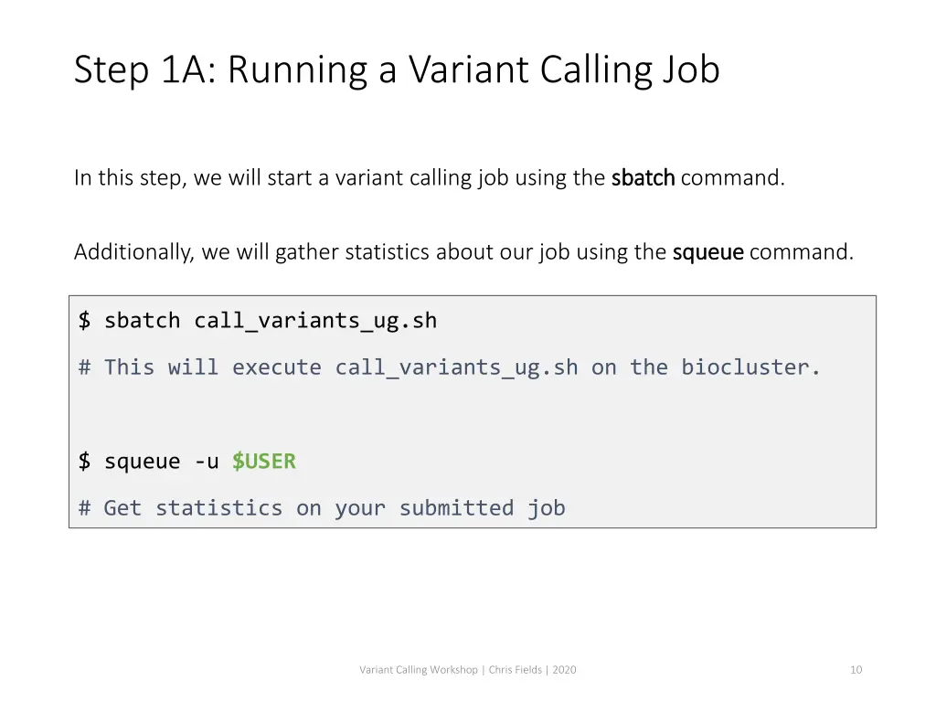 step 1a running a variant calling job