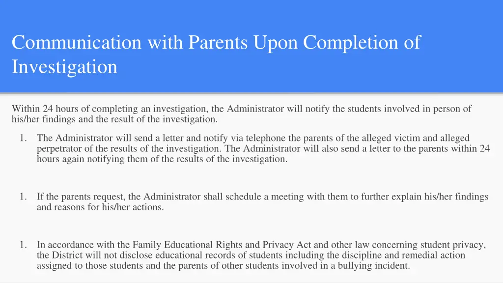 communication with parents upon completion