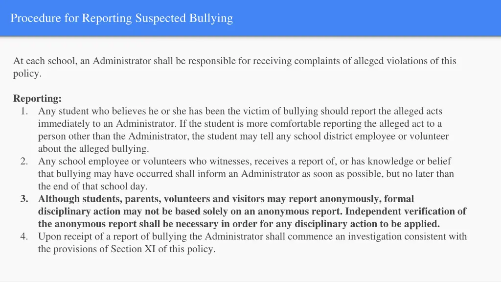 procedure for reporting suspected bullying