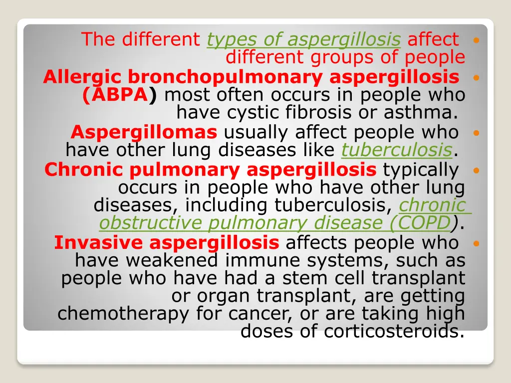 the different types of aspergillosis affect