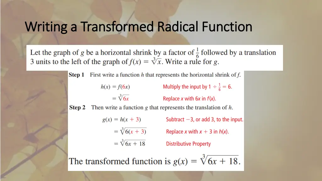 writing a transformed radical function writing