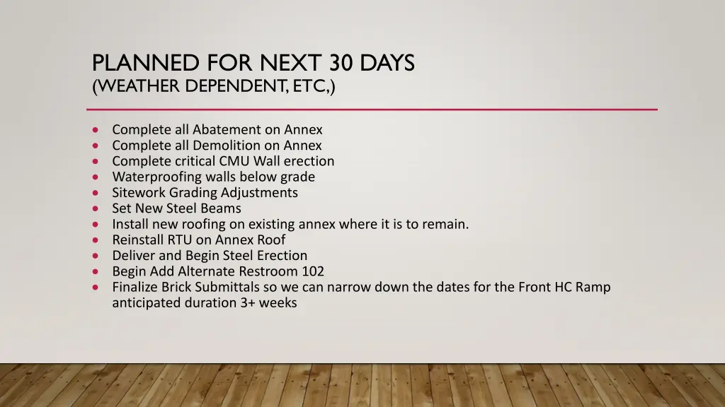 planned for next 30 days weather dependent etc