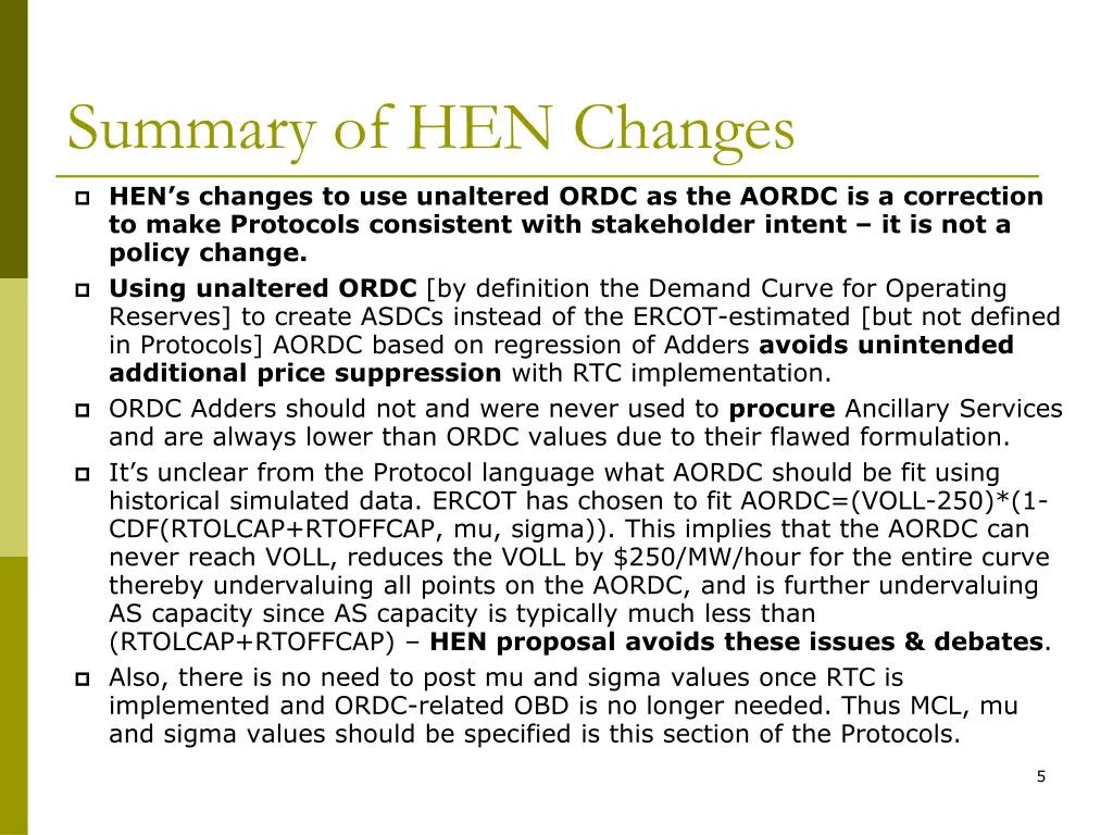 summary of hen changes