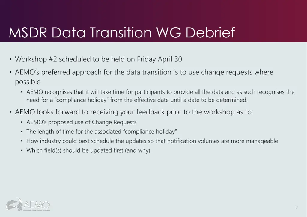 msdr data transition wg debrief 1