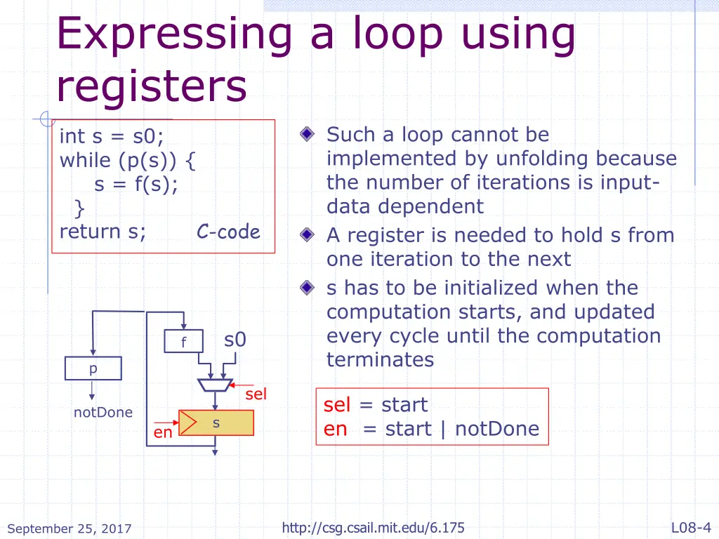 expressing a loop using registers