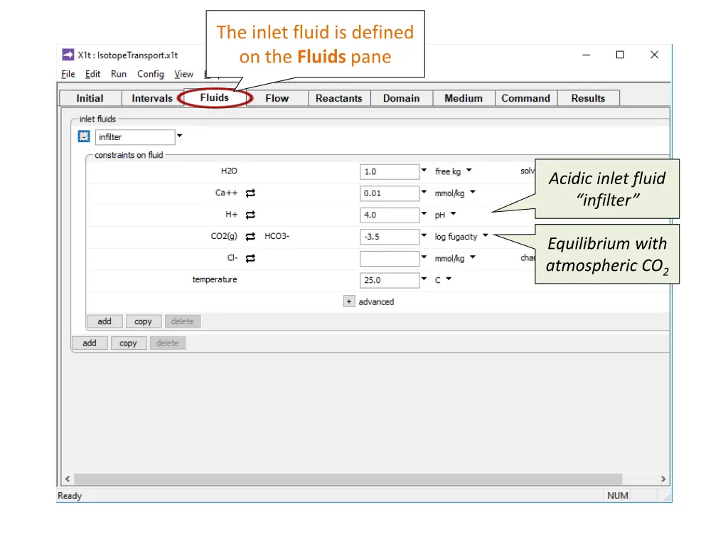 the inlet fluid is defined on the fluids pane