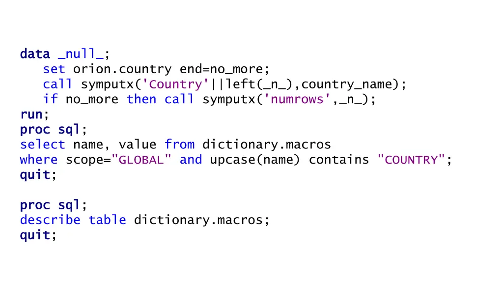 data data null set orion country end no more call