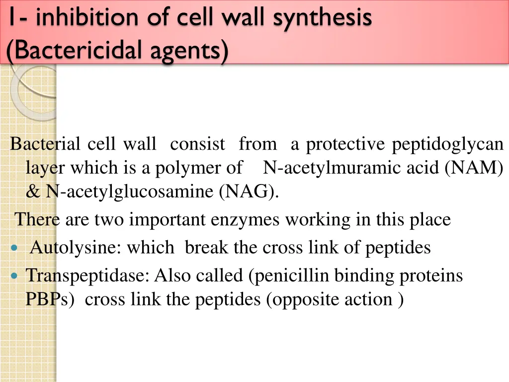 1 inhibition of cell wall synthesis bactericidal
