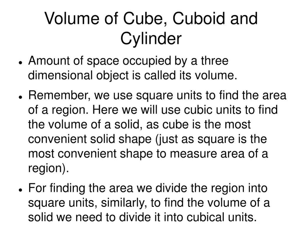 volume of cube cuboid and cylinder