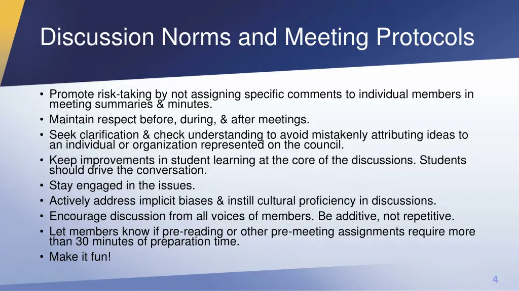 discussion norms and meeting protocols