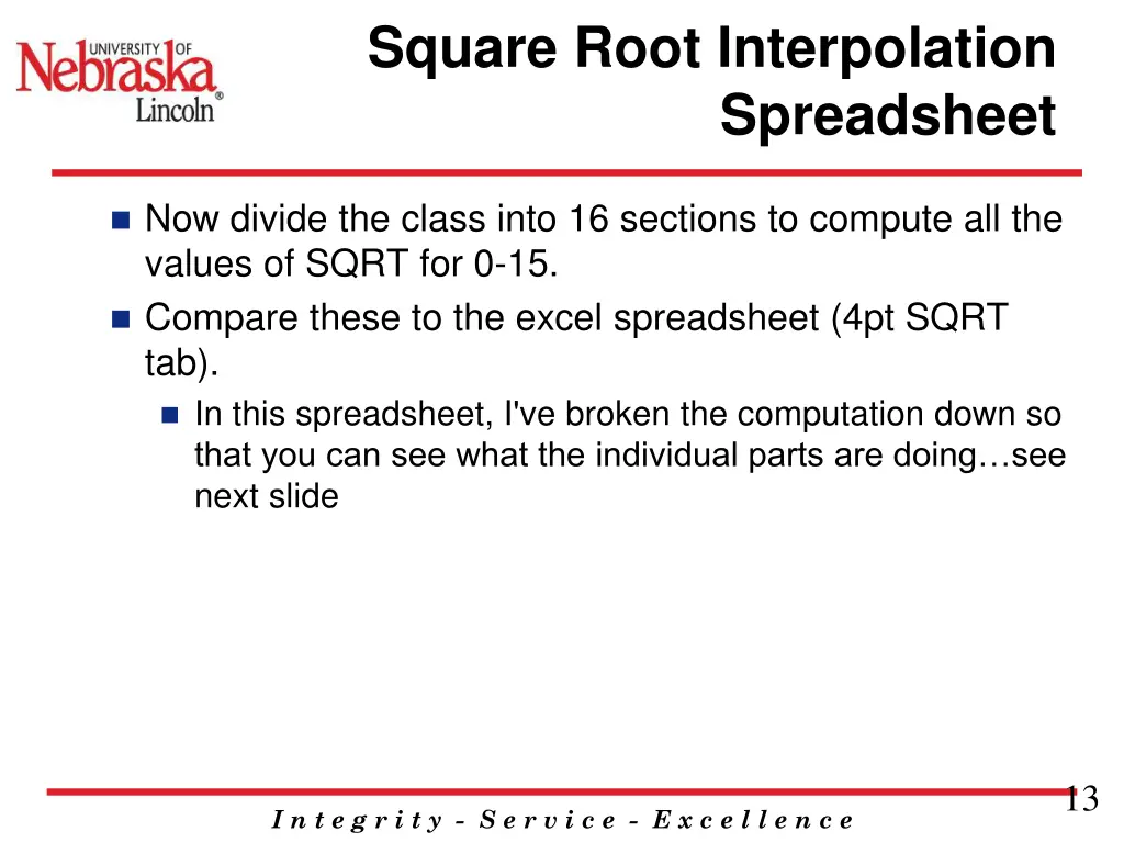 square root interpolation spreadsheet