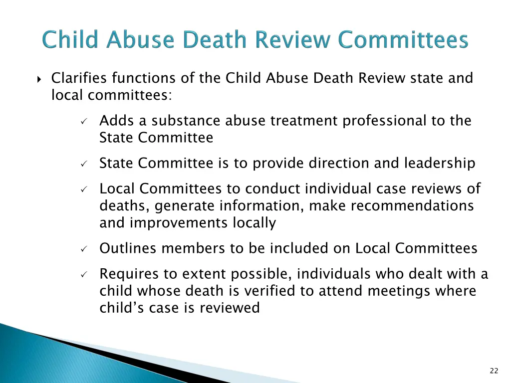 clarifies functions of the child abuse death