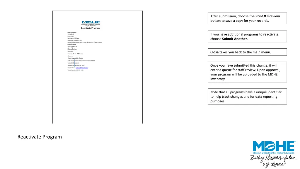 after submission choose the print preview button