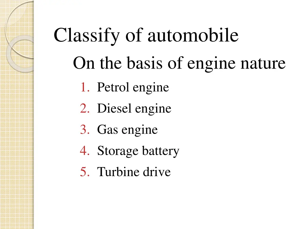 classify of automobile on the basis of engine