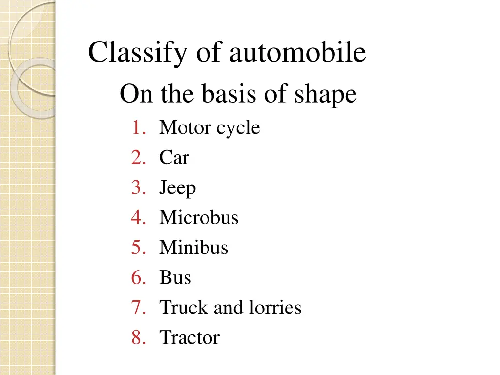 classify of automobile on the basis of shape