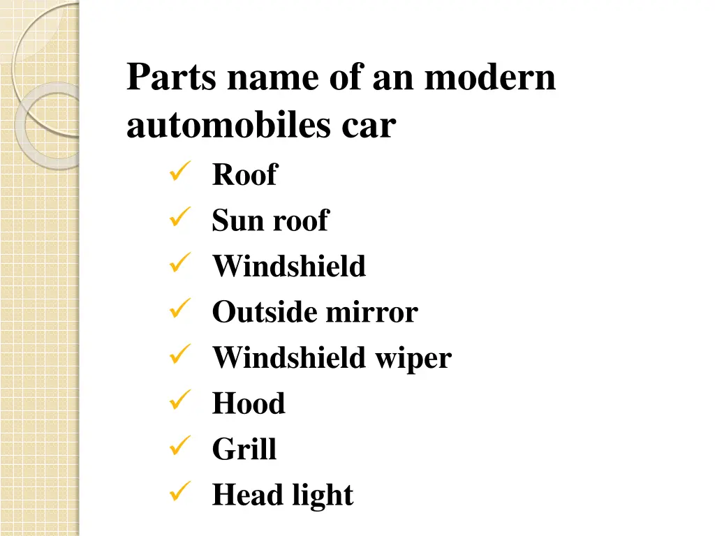 parts name of an modern automobiles car roof