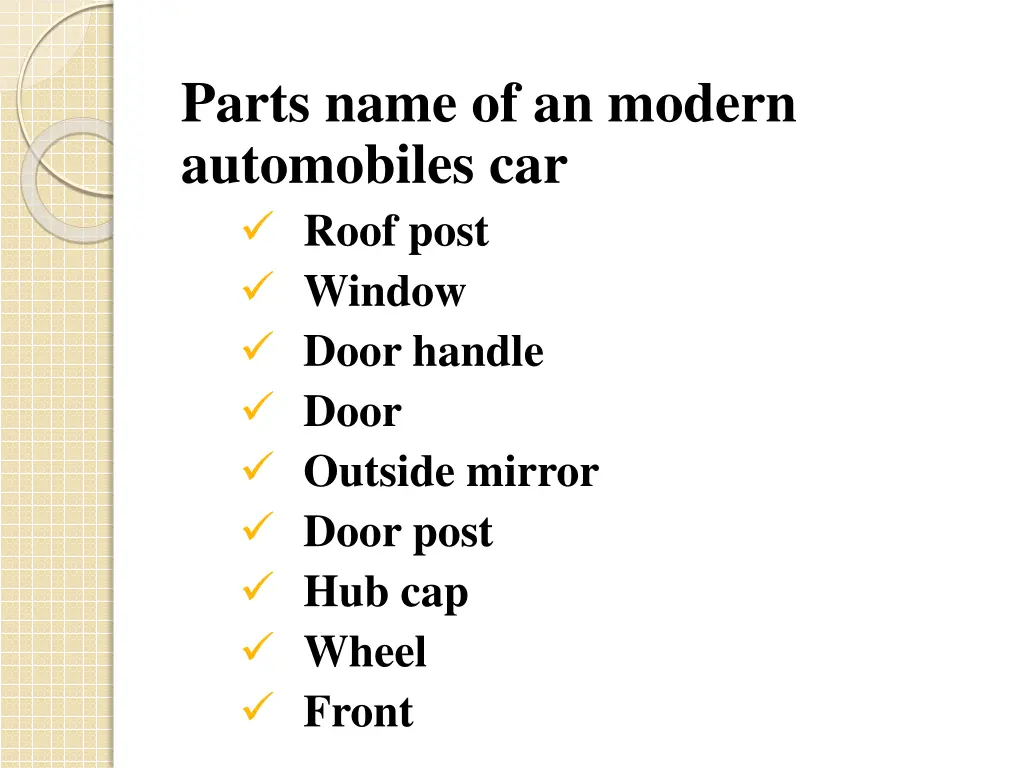 parts name of an modern automobiles car roof post