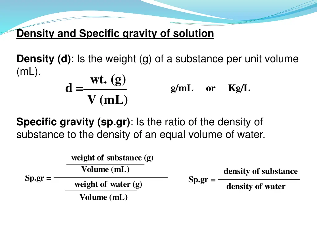 density and specific gravity of solution