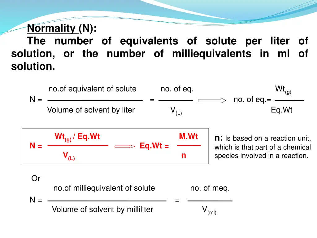 normality n the number of equivalents of solute