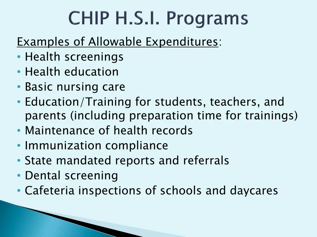 examples of allowable expenditures health