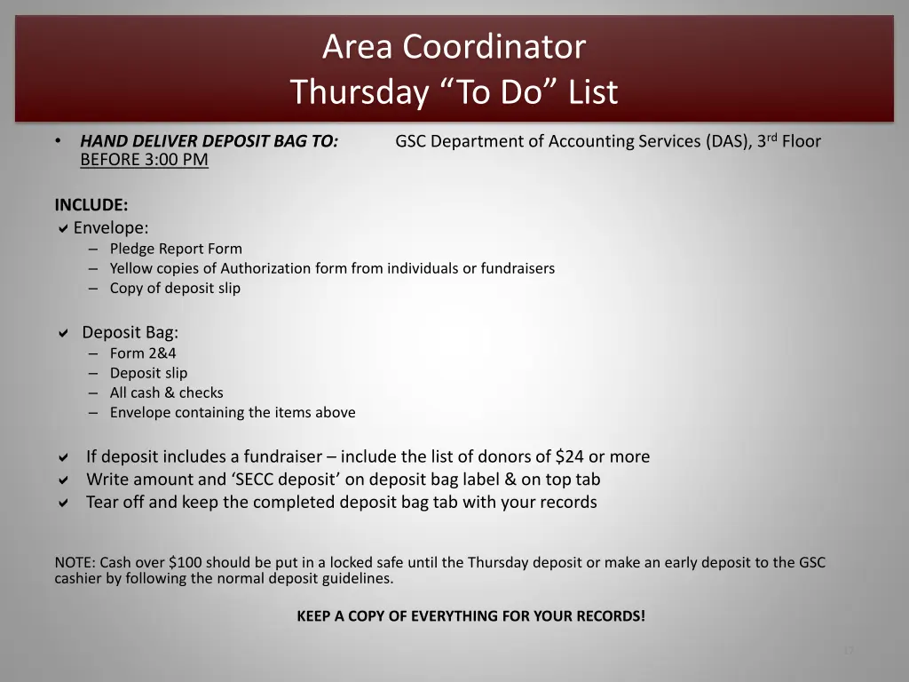 area coordinator thursday to do list