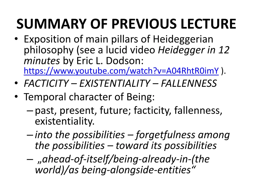 summary of previous lecture exposition of main