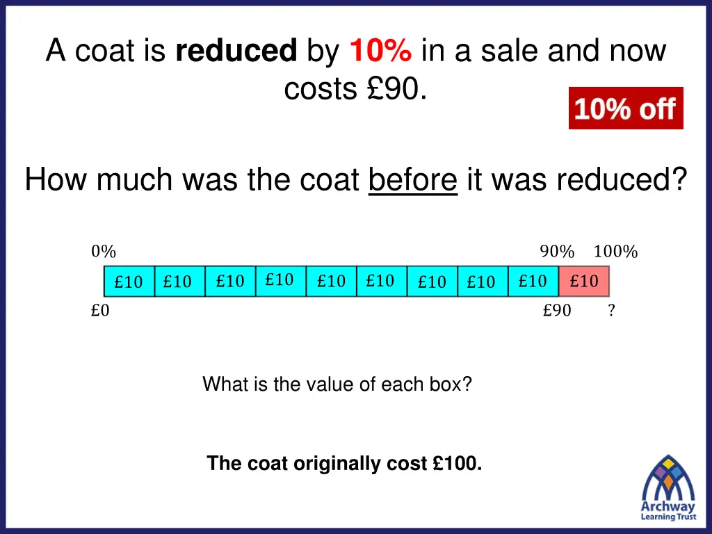 a coat is reduced by 10 in a sale and now costs 90 1