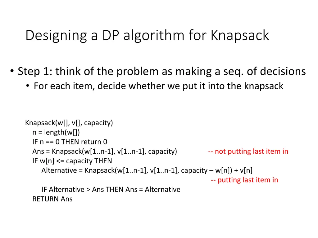 designing a dp algorithm for knapsack
