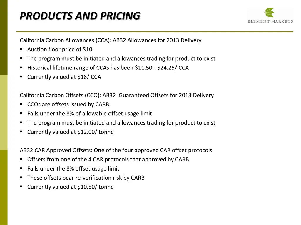 products and pricing