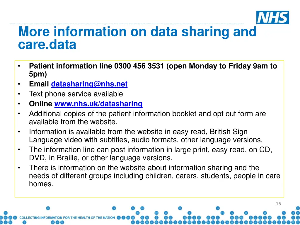 more information on data sharing and care data