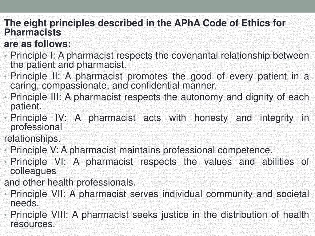 the eight principles described in the apha code