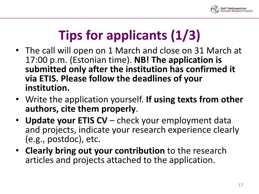 tips for applicants 1 3 the call will open