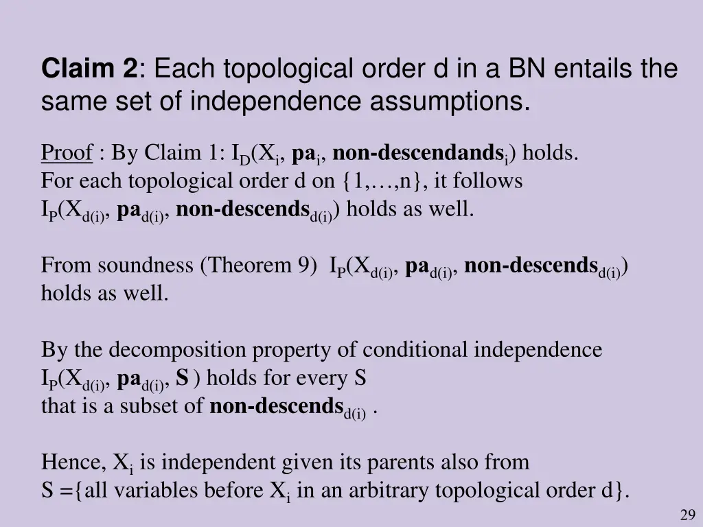 claim 2 each topological order d in a bn entails