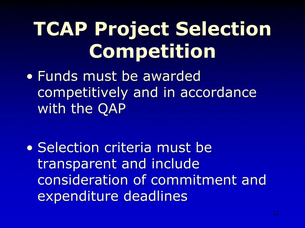 tcap project selection competition funds must