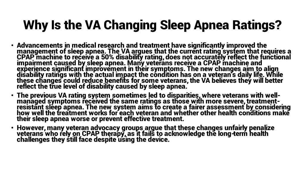why is the va changing sleep apnea ratings