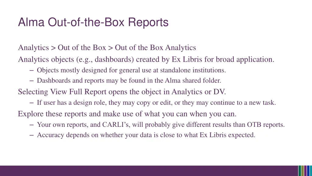 alma out of the box reports