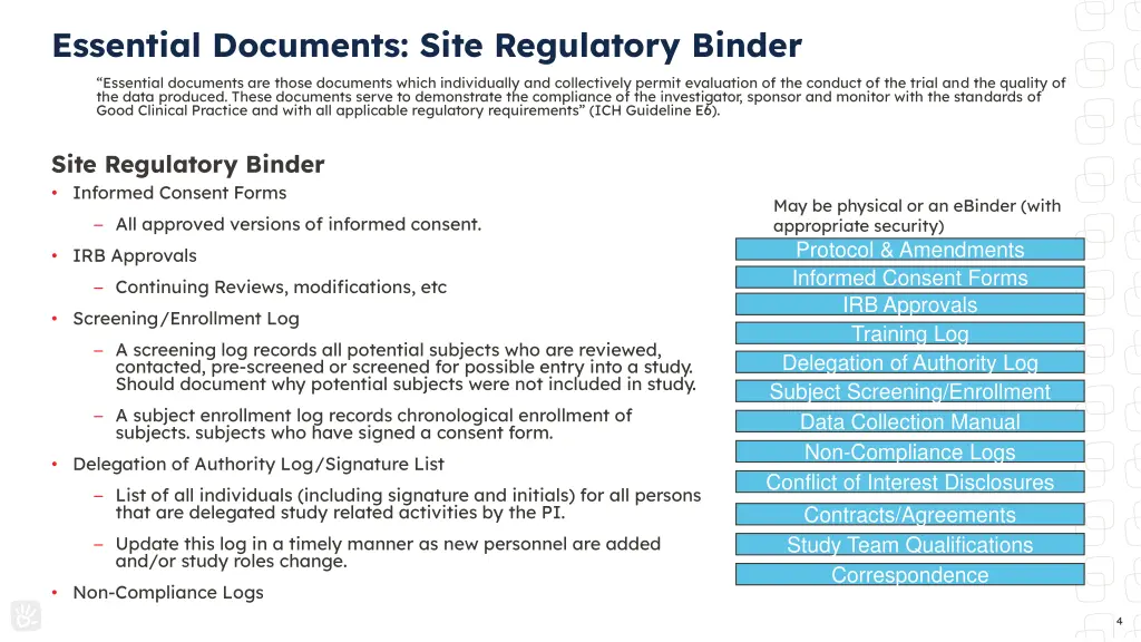 essential documents site regulatory binder