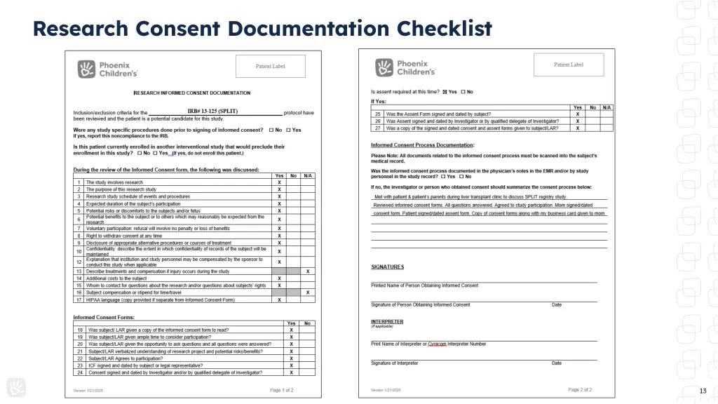 research consent documentation checklist