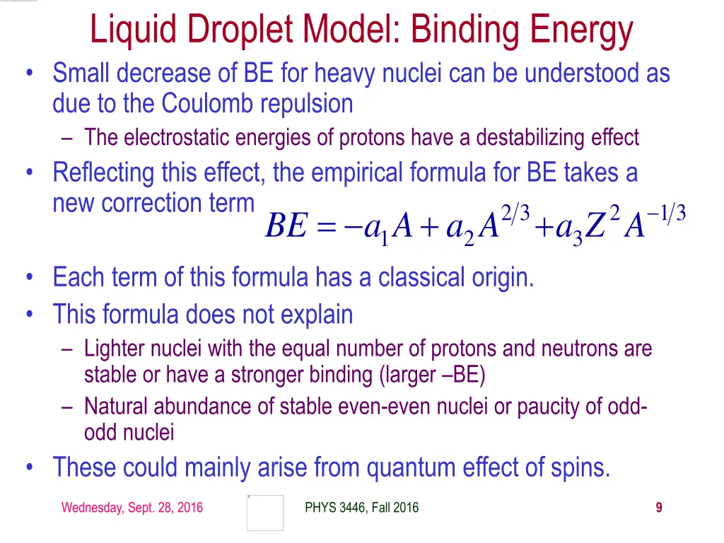 liquid droplet model binding energy 1