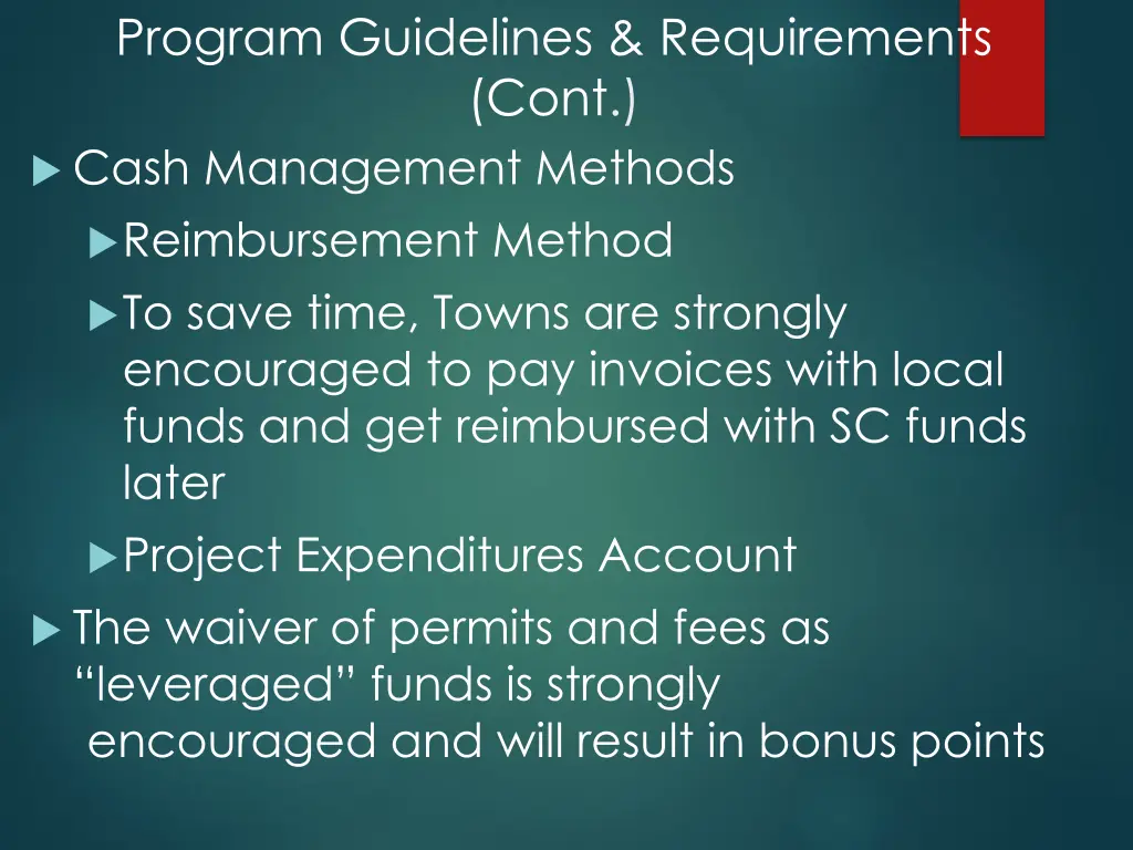 program guidelines requirements cont cash