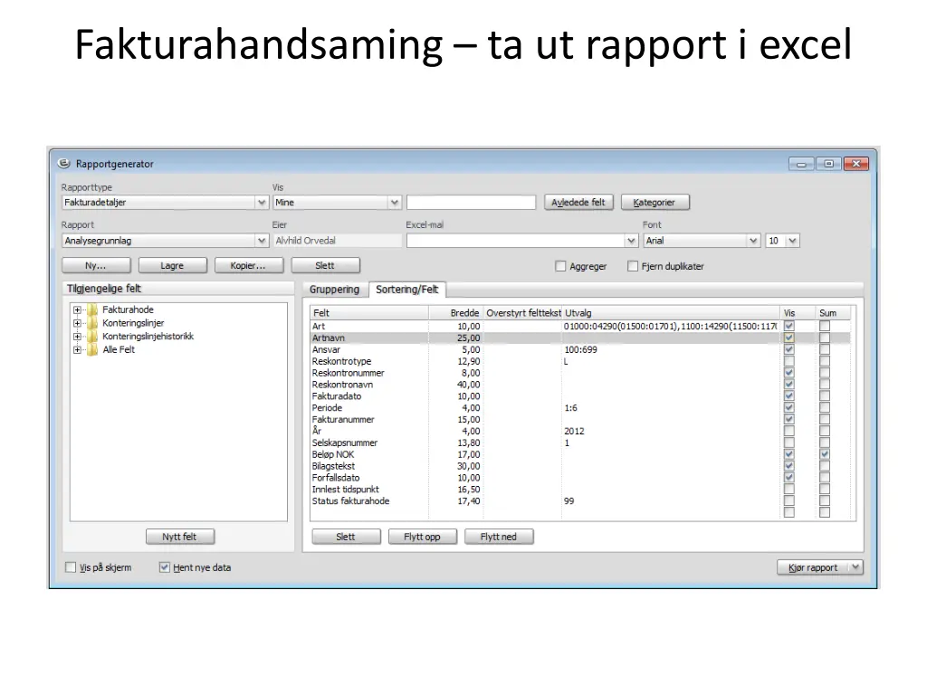 fakturahandsaming ta ut rapport i excel