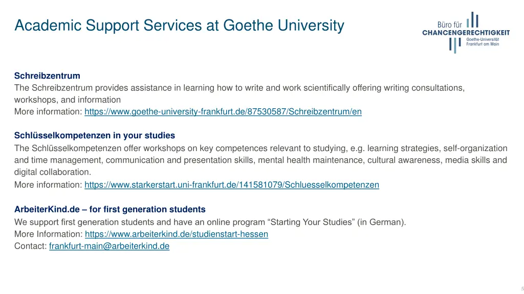 academic support services at goethe university