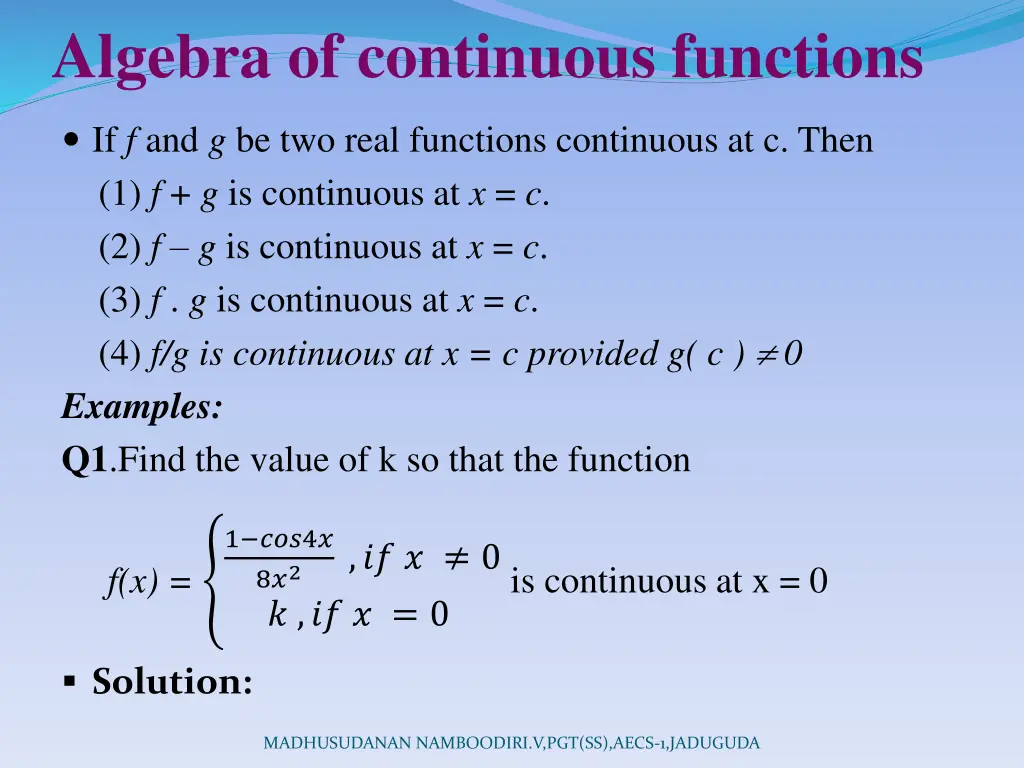 algebra of continuous functions