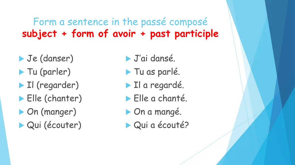 form a sentence in the pass compos subject form